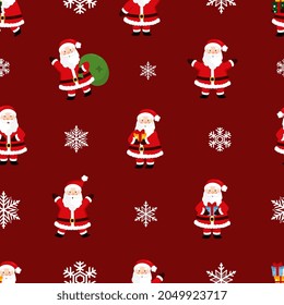 Christmas seamless pattern with Santa Claus, snowflakes. Beautiful background for gift wrapping papers, greeting cards, decoration.