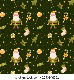 Christmas seamless pattern, Santa Claus, Christmas tree toys and sweets, print and design for gift wrapping, wrapping paper and clothing design