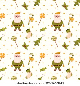 Christmas seamless pattern, Santa Claus, Christmas tree toys and sweets, print and design for gift wrapping, wrapping paper and clothing design