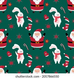 Christmas seamless pattern with Santa Claus and white rabbit on green background