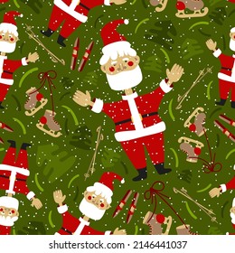 Navidad patrón sin fisuras Santa Claus, patines de imágenes, esquís, árboles, nieve.  Brillante patrón festivoAño Nuevo. Ilustración de deportes de invierno, entretenimiento. Ornamento vectorial para papel de envoltura, tela, cubierta