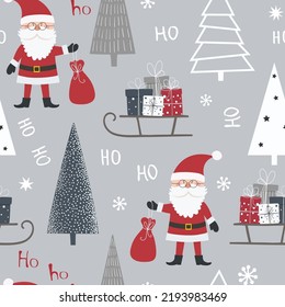 Christmas seamless pattern with Santa Claus, sleigh with gift boxes and christmas tree. Can be used for fabric, wrapping paper, scrapbooking, textile, poster, banner and other design. Flat style.