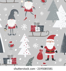 Christmas seamless pattern with Santa Claus, scandinavian, gnomes, sleigh with gift boxes, birds and christmas tree. Can be used for fabric, wrapping paper, scrapbooking, textile and other design.  