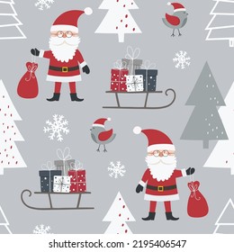 Christmas seamless pattern with Santa Claus, sleigh with gift boxes, birds and christmas tree. Can be used for fabric, wrapping paper, scrapbooking, textile and other design. Flat style.