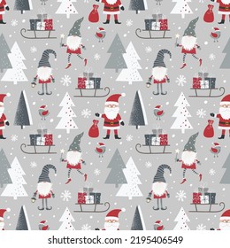 Christmas seamless pattern with Santa Claus, scandinavian, gnomes, sleigh with gift boxes, birds and christmas tree. Can be used for fabric, wrapping paper, scrapbooking, textile and other design.  