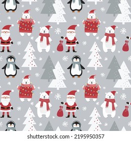 Christmas seamless pattern with Santa Claus, penguin, polar bear, christmas tree and snowflakes. Can be used for fabric, wrapping paper, scrapbooking, textile, poster and other design. Flat style.