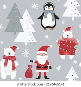 Christmas seamless pattern with Santa Claus, penguin, polar bear, christmas tree and snowflakes. Can be used for fabric, wrapping paper, scrapbooking, textile, poster and other design. Flat style.