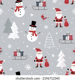 Christmas seamless pattern with Santa Claus, snowman, sleigh with gift boxes, birds and christmas tree. Can be used for fabric, wrapping paper, scrapbooking, textile etc. Flat style.