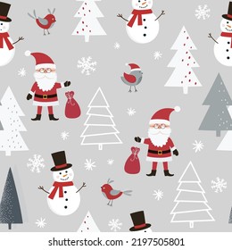 Christmas seamless pattern with Santa Claus, snowman, birds, christmas tree and snowflakes. Can be used for fabric, wrapping paper, scrapbooking, textile and other design. Flat style.