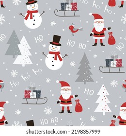 Christmas seamless pattern with Santa Claus, snowman, sleigh with gift boxes, birds and christmas tree. Can be used for fabric, wrapping paper, scrapbooking, textile etc. Flat style.