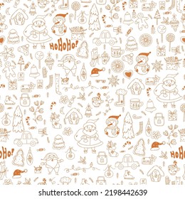 Christmas seamless pattern. Santa Claus, snowman, Christmas tree, gingerbread, New Year decor on white background. Vector illustration. Linear hand doodle style. for decor, design, packaging, print.