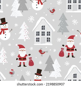 Christmas seamless pattern with Santa Claus, snowman, snowy house, christmas tree and snowflakes. Can be used for fabric, wrapping paper, scrapbooking, textile, poster etc. Flat style.