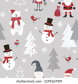 Christmas seamless pattern with Santa Claus, scandinavian gnome, snowman, polar bear, christmas tree and snowflakes. Can be used for fabric, wrapping paper, scrapbooking, textile, poster etc. 