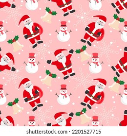 Christmas seamless pattern with santa claus and snowman on pink background. Seasonal celebration abstract surface. Christmas character vector illustration.