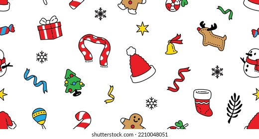 Christmas seamless pattern Santa Claus hat christmas tree snowflake gift box snowman raindeer ginger bread bell scarf isolated tile background repeat wallpaper illustration gift wrapping paper design