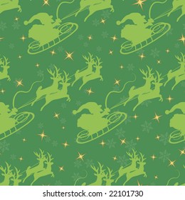Christmas seamless pattern with Santa Claus riding reindeer on a green background with golden stars.