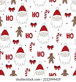 Christmas seamless pattern with Santa Claus, candy cane, gingerbread man, red bow. Vector illustration.