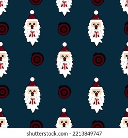 Christmas seamless pattern with santa claus with pink gift in the hands on style blue background with christmas balls. Christmas concept.  New year wrapping 