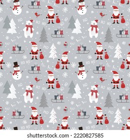 Christmas seamless pattern with Santa Claus, snowman, polar bear, sleigh with gift boxes, birds and christmas tree. Can be used for fabric, wrapping paper, scrapbooking, textile etc.