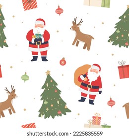 Navidad sin fisuras con Santa Claus, ciervo, árbol de Navidad, cajas de regalo sobre fondo blanco. Papel envuelto, textil, tarjetas de felicitación. Ilustración del vector