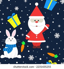 Navidad sin fisuras con Santa Claus y conejo. Diseño de año nuevo. Fondo del vector