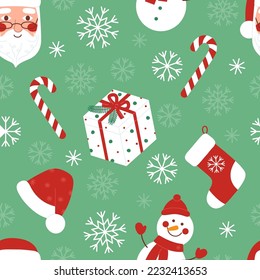 Christmas seamless pattern with santa claus, gift box, snowman, christmas hat, sock, candy cane and snowflakes on green background. Vector flat illustration with holiday, New Year elements