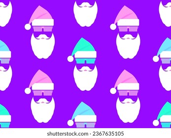 Christmas seamless pattern with Santa Claus in 80s style. Santa Claus is a party boy with glasses, a beard and a hat. Xmas design for greeting cards, print and wallpaper. Vector illustration