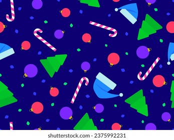 Christmas seamless pattern with Santa Claus hats, fir trees, Christmas balls and lollipop. Xmas tree decorations. Holiday design for print, wrapping paper and banners. Vector illustration