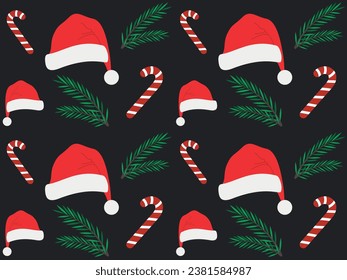 Christmas seamless pattern with Santa Claus hat, candy cane, fir branch, on black background, repeating pattern, wallpaper, tile, backdrop, gift wrapping paper. Vector illustration