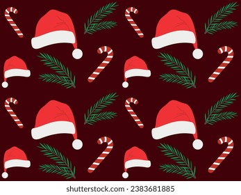 Christmas seamless pattern with Santa Claus hat, candy cane, fir branch, on red background, repeat pattern, wallpaper, tile, background, gift wrapping paper. Vector illustration