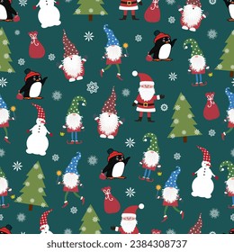 Christmas seamless pattern, Santa Claus, gnomes, snowman, snowflakes, penguin, Can be used for fabric, wrapping paper, scrapbooking, textile, posters, banners and other Christmas designs.