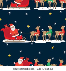 Christmas seamless pattern with Santa Claus in sledge and reindeers in cartoon style
