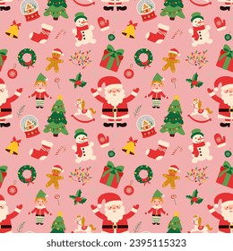 Christmas seamless pattern with Santa Claus on pink background