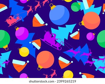 Navidad sin fisuras con Santa Claus, abetos y bolas navideñas. Santa Claus vuela en trineo con renos. Santa es el trineo. Diseño de navidad para papel pintado y banners. Ilustración del vector
