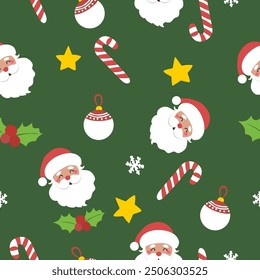 Christmas seamless pattern with Santa Claus face, candy cane, stars, holly leaves, ornaments and snowflakes on green background. Perfect for holiday wrapping paper, holiday fabric.