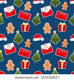 Christmas seamless pattern with Santa Claus mail envelope letters. Xmas background a New Year tree and cookie gingerbread man. Vector illustration