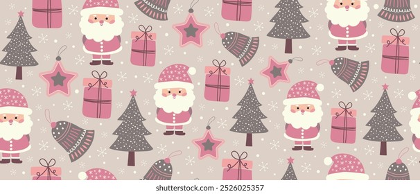 Natal padrão sem emenda com Papai Noel, árvore de Natal e presentes. Impressão de Natal para papel de embrulho, cartões de Natal, scrapbooking. Vetor.