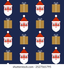 Natal padrão sem emenda com cabeça de Papai Noel e caixas de presente. Estilo plano. Modelo para design de feriados de inverno. Ilustração vetorial