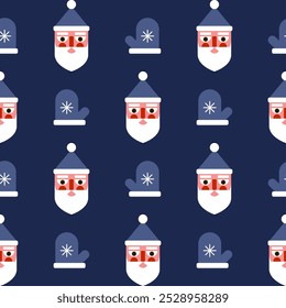 Christmas seamless pattern with Santa Claus head and mittens in blue colors. Flat style. Template for winter holidays design. Vector illustration
