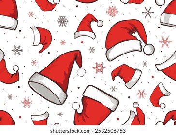 Christmas seamless pattern with Santa Claus hats and snowflakes. Festive new year's background for fabric, wrapping paper, scrapbooking, textile, poster, banner and other christmas design