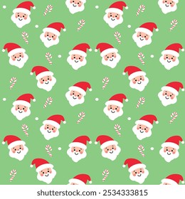 Christmas seamless pattern with Santa Claus face, candy cane and snowflakes on green background. Perfect for holiday wrapping paper, holiday fabric.