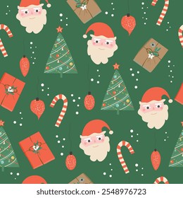 Christmas seamless pattern with Santa Claus, christmas tree and gifts on green background. Vector illustration.