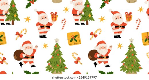 Christmas seamless pattern with santa claus, christmas tree, presents and sweets. Flat cartoon illustration for wrapping paper, textile, background.