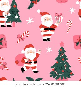 Christmas seamless pattern with santa claus, christmas tree, presents and sweets. Flat cartoon illustration for wrapping paper, textile, background.