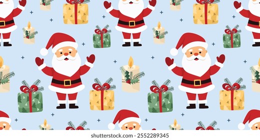 Сheerful Christmas seamless pattern with Santa Claus, festive gift boxes and decorative candle on light blue background. Cute vector Santa with traditional Christmas holiday decor elements. For prints