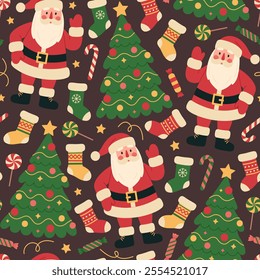 Christmas seamless pattern with Santa Claus, tree, stockings, candy canes, candies and lollipops on brown background. Xmas celebration. Vector flat illustration for wallpaper, textile, packaging