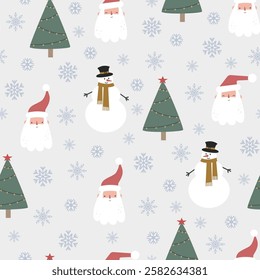 Christmas seamless pattern with Santa Claus, snowman and Christmas tree on a white background. Vector design template. Happy New Year pattern. Season greeting.