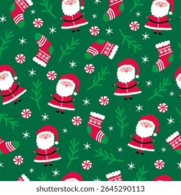 Christmas seamless pattern with Santa Claus, stockings, fir tree branch and stars on green background. Vector.