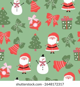 Navidades sin patrón con Santa Claus, muñeco de nieve, árbol, campana, regalo y arco para la decoración de vacaciones de diciembre. Vector.