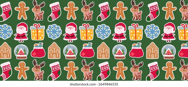 Christmas seamless pattern with Santa Claus for winter holidays celebration and festive decor. Vector.